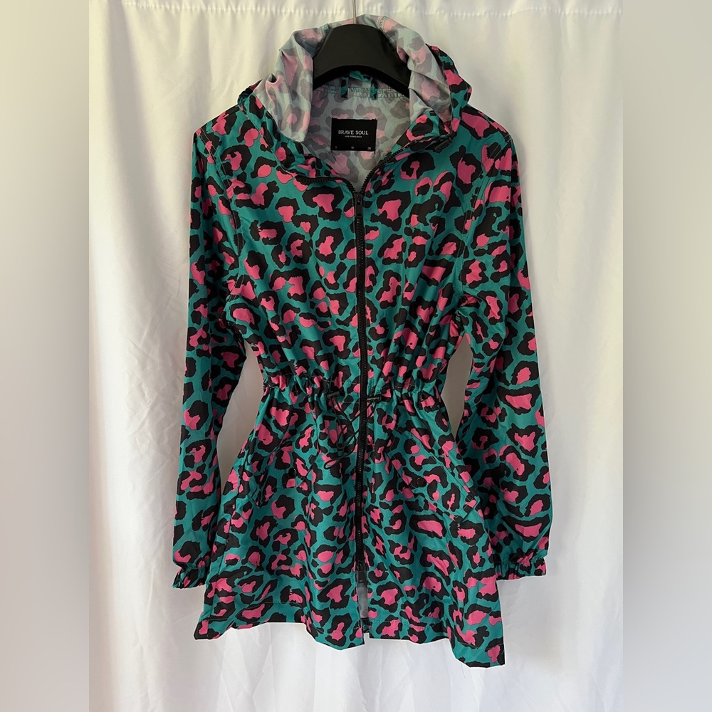Brave Soul turquoise and pink leopard print rain coat jacket